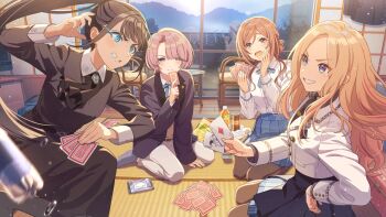 amaya_tsubame arimura_mao black_hair blonde_hair blue_eyes bottle brown_hair buttons can card chair collared_shirt forehead gakuen_idolmaster game_cg glowing glowing_eyes grin himesaki_rinami holding idolmaster jacket juo_sena kneeling midair mountainous_horizon neck_ribbon necktie official_art open_mouth pants pantyhose ponytail ribbon school_uniform shirt smile table tatami water white_shirt