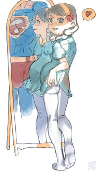 1boy 1girl 2023 ac120 age_difference ass blush braid breasts brown_hair clothes_lift covered_erect_nipples dated dc_comics dress dress_lift from_behind full_body gluteal_fold hairband heart highres kneepits lifting_own_clothes lip_biting loli looking_at_viewer looking_back mirror orange_hairband pantyhose pregnant pregnant_loli puffy_sleeves reflection roberta_lee short_dress short_hair simple_background small_breasts smile soles speech_bubble spoken_heart superman superman_(series) teeth toes twin_braids white_background white_pantyhose