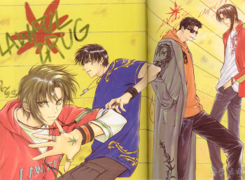 4boys black_hair brown_hair clamp everyone glasses gohou_drug graffiti green_eyes himura_rikuo jewelry kakei kudo_kazahaya lawful_drug leaf male_focus multiple_boys ring saiga wristband yellow_eyes