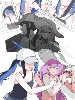 2girls absurdres arius_squad_(blue_archive) atsuko_(blue_archive) atsuko_(swimsuit)_(blue_archive) baseball_cap bikini blue_archive blue_eyes blue_hair camera colored_inner_hair denim denim_shorts frilled_bikini frills grey_halo halo hat highres implied_yuri manmaderain multicolored_hair multiple_girls official_alternate_costume photo_(object) purple_hair red_eyes saori_(blue_archive) saori_(swimsuit)_(blue_archive) see-through_clothes see-through_shirt see-through_sleeves shirt shorts sun_hat swimsuit white_bikini white_hat
