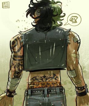 1boy animal_print antonio_leon_mars_(skcd_loen) arm_hair artist_logo back back_tattoo bandaged_arm bandages bandaid bandaid_on_arm belt black_belt bracelet commentary cowboy_shot denim denim_vest english_commentary flourish_(design) frutiger_metro gauze_on_arm gradient_background green_background hashtag-only_commentary highres jeans jewelry leopard_print logo male_underwear male_underwear_peek medium_hair messy_hair mullet multicolored_hair original pants skcd_loen sketch skull_emoji speech_bubble spiked_belt spiked_bracelet spikes split-color_hair star_(symbol) star_tattoo tattoo tramp_stamp two-tone_hair undercut underwear wavy_ends