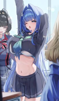 3girls absurdres amy_(nikke) arcana_(fortune_mate)_(nikke) arcana_(nikke) arms_up black_hair black_sailor_collar black_serafuku black_skirt blonde_hair blue_eyes blue_garter_straps blue_hair blue_neckerchief blush bra breasts classroom closed_eyes commentary_request crop_top crop_top_overhang cropped_shirt desk ein_(nikke) garter_straps goddess_of_victory:_nikke gradient_neckerchief green_neckerchief hair_ornament highres jacket large_breasts long_hair long_sleeves multicolored_neckerchief multiple_girls navel neckerchief official_alternate_costume one_eye_closed open_mouth pleated_skirt sailor_collar school_uniform serafuku shupita skirt smile stretching underwear very_long_hair white_bra