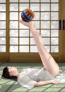 1girl ass bad_id bad_pixiv_id balancing ball barefoot bottomless breasts brown_eyes brown_hair covered_erect_nipples feet female_focus highres holding_with_feet indoors japanese_clothes juban legs legs_up lips looking_up lying no_panties on_back on_floor original parted_lips small_breasts solo tatami temari_ball toe_scrunch toenails toes window_shadow yoga yoshimaki2000mg