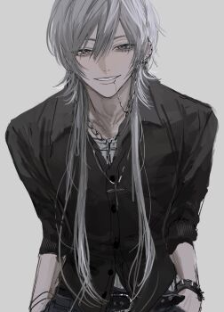 1boy belt black_belt black_shirt bracelet commentary cowboy_shot cross cross_necklace ear_piercing face_piercing grey_background grey_eyes grey_hair hair_between_eyes hashtag-only_commentary highres jewelry leaning_forward lip_piercing long_hair long_sleeves looking_at_viewer mizooti_0 necklace original piercing shirt simple_background smile solo spiked_bracelet spikes