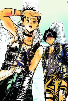 2boys arm_up bandaged_neck bandaged_wrist bandages belt black_choker black_hair building choker cityscape closed_mouth collarbone commentary_request fur_trim gradient_background hiei hiei4455 jacket jewelry male_focus multiple_boys necklace open_clothes open_mouth open_vest pants short_hair skeleton_print skyscraper spiked_hair third_eye torn_clothes torn_pants urameshi_yuusuke vest yuu_yuu_hakusho