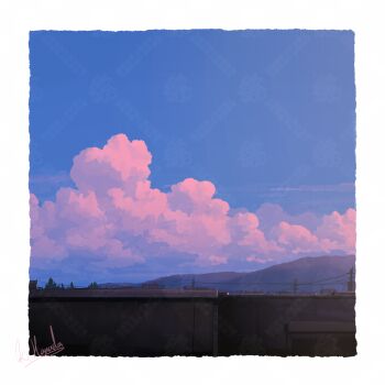 alu.m_(alpcmas) artist_name blue_sky border cloud cloudy_sky commentary_request evening highres mountain original power_lines scenery sky sky_focus tree watermark white_border