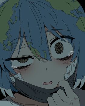 Rule 34 | 1girl, @ @, bandaid, bandaid on cheek, bandaid on face, black eyes, black mask, blue hair, commentary, continents, earth-chan, earth (planet), english commentary, eyebrows hidden by hair, from above, galois, green hair, hair between eyes, highres, long bangs, looking at viewer, looking up, mask, mask pull, mouth mask, multicolored hair, original, parted lips, planet, solo, tearing up, white hair