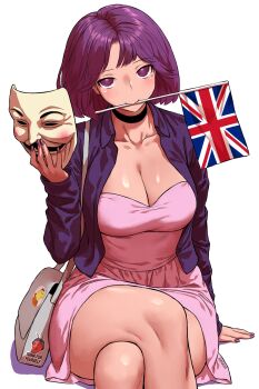 1girl amelia_(pathways) ant black_choker blunt_bangs breasts bug charlie_dompler choker cleavage colored_eyebrows colored_skin commentary dress english_commentary english_flag guy_fawkes_mask haraya_manawari hat highres holding hood hoodie humanized_skin_color insect jacket jacket_over_dress large_breasts long_hair long_sleeves looking_at_viewer mask mole mole_under_eye mouth_hold open_clothes open_jacket orange_hoodie pathways_(game) pink_dress politics purple_eyes purple_hair purple_jacket simple_background smile smiling_friends solo union_jack united_kingdom v_for_vendetta yellow_skin