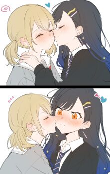 2girls absurdres arrow_through_heart azusawa_kohane black_cardigan black_hair blonde_hair blue_hair blush cardigan closed_eyes collared_shirt commentary_request gradient_hair grey_shirt hair_ornament hairclip heart highres kiss kissing_cheek korean_commentary l0hann1 long_hair multicolored_hair multiple_girls necktie orange_eyes project_sekai sailor_collar shiraishi_an shirt spoken_blush twintails two-tone_hair white_sailor_collar white_shirt yuri