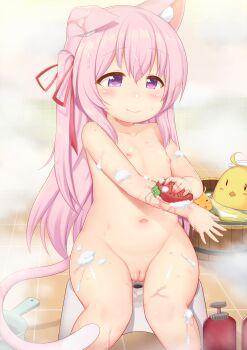 1girl 1other animal_ear_fluff animal_ears azur_lane bath_stool bathroom blush breasts bubble cat_ears cat_tail censored cleft_of_venus commission gluteal_fold groin highres indoors kisaragi_(azur_lane) loli long_hair manjuu_(azur_lane) mosaic_censoring navel nipples nude pink_eyes pink_hair pixiv_commission plump pussy ribbon side_ponytail sitting small_breasts soap sponge stool tail thighs tile_floor tile_wall tiles victor_(tama_e_akira) washing wet