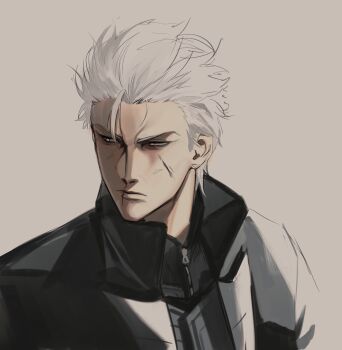 1boy absurdres bags_under_eyes black_shirt black_vest half-closed_eye highres jacket logicsterrr looking_to_the_side loose_hair_strand male_focus multicolored_jacket scar scar_on_face scar_on_mouth serious shadow_slave shirt short_hair solo two-tone_jacket upper_body vergil_(shadow_slave) vest white_hair yellow_eyes