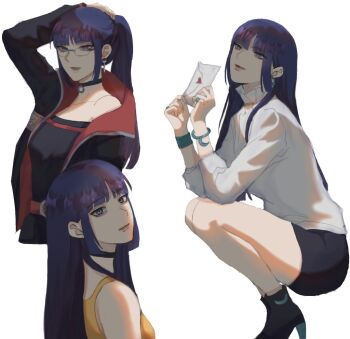 ada_(naruto) ada_(naruto)_(cosplay) alternate_hairstyle bespectacled black_choker black_romper black_skirt blue_eyes boots boruto:_two_blue_vortex bracelet breasts choker commentary_request cosplay glasses hand_on_own_head high_heel_boots high_heels holding holding_letter ifevilwhyuhot jewelry kakei_sumire leotard letter love_letter medium_breasts naruto_(series) ponytail purple_hair ring romper sidelocks skirt squatting strapless strapless_leotard tank_top uchiha_sarada uchiha_sarada_(cosplay) uzumaki_himawari uzumaki_himawari_(cosplay) yellow_tank_top