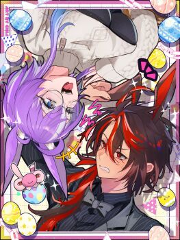 1boy 1girl animal_ears antenna_hair arm_at_side arm_up banner black-framed_eyewear black_bow black_bowtie black_hair black_shirt black_suit black_vest blue_hair border bow bowtie chimanakoneko clenched_teeth collared_shirt collared_vest colored_tips commentary crop_top dress_suit easter easter_egg egg eggshell english_commentary eyelashes fingernails flower formal_clothes glasses grey_hair hair_between_eyes hand_up hatching highres holding holding_own_ears impossible_clothes impossible_leotard jared_(michi_mochievee) kuro_kurenai leotard long_bangs long_sidelocks long_sleeves looking_at_another mascot michi_mochievee michi_mochievee_(bunny) multicolored_hair outside_border pink_flower price_tag purple_hair rabbit_boy rabbit_ears rabbit_girl red_hair round_eyewear shirt short_hair sidelocks smile sparkle stitched_face stitches straight_hair streaked_hair suit sweatdrop sweater teeth turtleneck turtleneck_sweater upside-down vest virtual_youtuber vshojo white_hair white_sweater