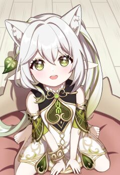 1girl absurdres animal_ear_fluff animal_ears armlet bare_shoulders barefoot blush cat_ears commentary_request cross-shaped_pupils detached_sleeves dress extra_ears genshin_impact gold_trim gradient_hair green_eyes green_hair green_sleeves hair_between_eyes hair_ornament highres jewelry kemonomimi_mode leaf_hair_ornament long_hair looking_at_viewer moo-san_(creamgameart) multicolored_hair nahida_(genshin_impact) open_mouth pointy_ears side_ponytail sitting sleeveless sleeveless_dress solo symbol-shaped_pupils teeth toes upper_teeth_only variant_set wariza white_dress white_hair