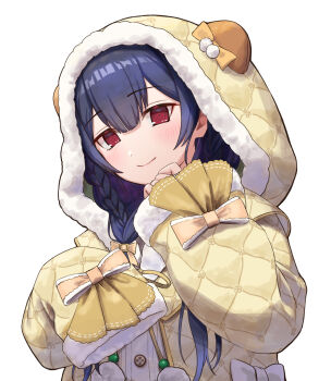 Rule 34 | 1girl, animal hood, bear hood, blue hair, bow, braid, brown bow, closed mouth, commentary request, double-parted bangs, fur-trimmed hood, fur trim, hair between eyes, hair bow, highres, hood, hood up, idolmaster, idolmaster shiny colors, idolmaster shiny colors song for prism, jacket, kaiso (kaisooekaki), long hair, long sleeves, looking at viewer, low twin braids, morino rinze, pom pom (clothes), red eyes, ringed eyes, simple background, single sleeve past fingers, smile, solo, twin braids, upper body, white background, white bow, yellow jacket