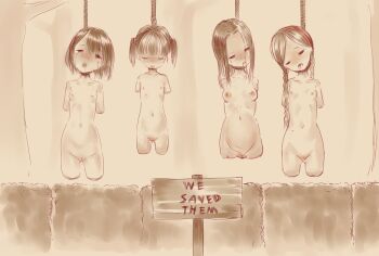 4girls amputee braid breasts closed_eyes corpse death dismemberment empty_eyes execution guro hanged loli mao_ling_dang monochrome multiple_girls navel nipples nude open_clothes original pregnant pussy quadruple_amputee saliva short_hair small_breasts snuff tears twin_braids twintails