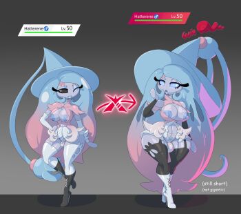 2boys ass black_sclera blue_nipples blue_sclera boots breasts bulge colored_nipples colored_sclera colored_skin dynamax english_text gen_8_pokemon gigantamax gigantamax_hatterene grey_background hat hatterene high_heel_boots high_heels highres huge_ass huge_breasts lips lipstick long_hair makeup male_with_breasts mars_symbol multicolored_hair multiple_boys nintendo nipple_slip nipples panty_bulge penis penis_peek pokemon simple_background source_request thick_thighs thighhighs thighs trap venela witch_hat