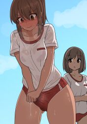 Rule 34 | 2girls, absurdres, blue sky, blush, breasts, brown hair, bulge, buruma, closed mouth, cloud, collarbone, commentary request, cowboy shot, dot nose, erection, erection under clothes, gluteal fold, gym uniform, hair between eyes, highres, looking at another, medium breasts, medium hair, multiple girls, open mouth, original, outdoors, precum, public indecency, shiwa kou, short sleeves, sidelocks, sky, smile, sweat