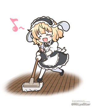 Rule 34 | 1girl, :d, animal ears, apron, black hairband, black skirt, blonde hair, chibi, closed eyes, commentary request, eighth note, fake animal ears, fleur de lapin uniform, floppy ears, frilled apron, frilled hairband, frills, gochuumon wa usagi desu ka?, hairband, holding, kirima syaro, mitya, musical note, open mouth, pantyhose, partial commentary, puffy short sleeves, puffy sleeves, rabbit ears, shirt, short sleeves, skirt, smile, solo, twitter username, waist apron, watermark, white apron, white background, white shirt, wooden floor, wrist cuffs