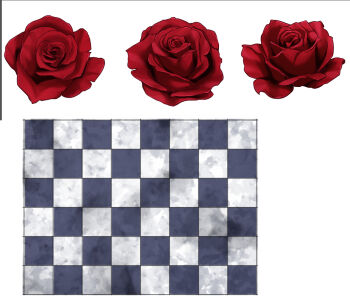 checkered_floor commentary_request flower making-of marutenmaruten no_humans red_flower red_rose rose rozen_maiden simple_background white_background