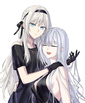 2girls absurdres ak-12_(girls&#039;_frontline) alternate_costume an-94_(girls&#039;_frontline) an-94_(silent_rouge)_(girls&#039;_frontline) aqua_eyes bare_shoulders black_dress black_gloves black_hairband blonde_hair braid breasts closed_eyes closed_mouth dress girls&#039;_frontline gloves grey_hair hair_ribbon hairband hand_in_own_hair hand_on_another&#039;s_shoulder hand_on_another&#039;s_waist highres jewelry long_hair looking_at_viewer medium_breasts multiple_girls necklace official_alternate_costume open_mouth ribbon short_sleeves sideboob sidelocks small_breasts smile strapless strapless_dress suprii upper_body white_background white_hair