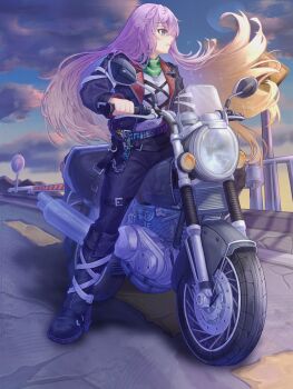 1girl absurdres alternate_costume bandana black_boots black_jacket black_pants blonde_hair blue_sky boots breasts chinese_commentary cloud commentary_request exhaust_pipe floating_hair gibbous_moon gradient_hair green_bandana highres hijiri_byakuren jacket long_hair long_sleeves medium_breasts moon motor_vehicle motorcycle multicolored_hair on_motorcycle pants parted_lips profile purple_eyes purple_hair railing rainbow_belt road road_sign s-tea-m shirt sign sky solo sorcerer&#039;s_sutra_scroll touhou twitter_username unmoving_pattern white_shirt