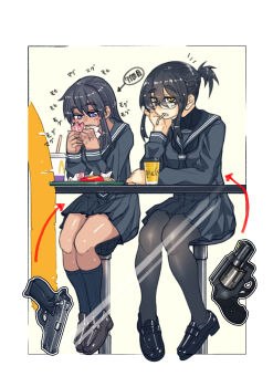 2girls absurdres black_hair black_serafuku burger cb_(c-board) commentary_request concealed_weapon eating food french_fries glasses gun handgun highres long_hair mcdonald's multiple_girls original pantyhose ponytail purple_eyes revolver school_uniform serafuku short_ponytail sitting translated weapon weapon_request yellow_eyes