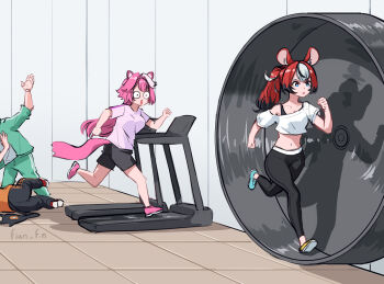 4girls :o alternate_hairstyle animal_ear_fluff animal_ears arm_up artist_name asymmetrical_footwear black_hair black_leggings black_pants black_shorts blue_shoes cecilia_immergreen clenched_hands commentary cropped_shirt doll_joints english_commentary exercising fian_f.n from_side gigi_murin green_jacket green_pants gym hakos_baelz hamster_wheel head_out_of_frame hololive hololive_english indoors jacket joints leggings long_hair looking_at_another mismatched_footwear multicolored_hair multiple_girls navel off-shoulder_shirt off_shoulder orange_shirt panther_ears panther_girl panther_tail pants pink_hair pink_shirt pink_shoes raora_panthera red_hair shirt shoes shorts slapping streaked_hair tail tile_floor tiles track_jacket track_pants treadmill virtual_youtuber white_hair white_shirt yellow_shoes