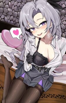 1girl absurdres ahoge apc9k_(girls&#039;_frontline) black_bra black_pantyhose blue_eyes bra breasts cleavage girls&#039;_frontline grey_hair hair_ornament heart highres jacket kuzumotsu large_breasts long_hair mole mole_under_mouth on_bed one_breast_out pantyhose pillow skirt smile solo speech_bubble spoken_heart thighband_pantyhose unbuttoned unbuttoned_shirt underwear