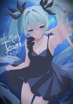 1girl aqua_hair armpits bare_arms black_dress breasts cleavage closed_mouth collarbone commentary_request double-parted_bangs dress hair_between_eyes hair_tie hatsune_miku highres light_blush long_hair sad shinkai_shoujo_(vocaloid) signature tsukuyomi_tetsuya twintails underwater very_long_hair vocaloid