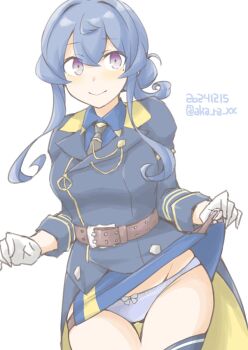1girl akara_kai belt blue_eyes blue_hair blue_panties blush breasts dated gloves gotland_(kancolle) hair_between_eyes hair_bun half_gloves highres kantai_collection long_hair long_sleeves looking_at_viewer military military_uniform mole mole_under_eye panties ponytail shirt single_hair_bun skirt smile solo swedish_flag twitter_username underwear white_background