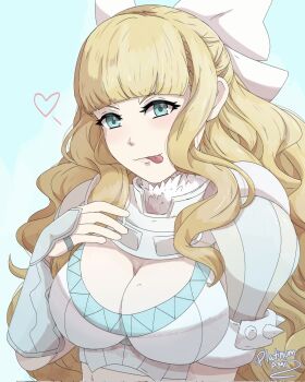 1girl :p armor bikini_armor blonde_hair blue_eyes blush bow breasts charlotte_(fire_emblem) cleavage commentary fire_emblem fire_emblem_fates hair_bow hand_on_own_chest highres large_breasts long_hair looking_at_viewer nintendo pauldrons platinum_ami shoulder_armor smile solo tongue tongue_out upper_body wavy_hair white_bow