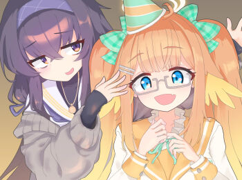 Rule 34 | 2girls, bags under eyes, birthday, black shirt, blue archive, blue eyes, bow, brown cardigan, cardigan, commentary, cropped, crossed bangs, dated commentary, fang, glasses, gradient background, green bow, hair bow, hair ornament, hair ribbon, hairband, hairclip, hat, highres, jewelry, library committee (blue archive), long hair, long sleeves, low twintails, multiple girls, neckerchief, necklace, open mouth, orange hair, orange sailor collar, party hat, purple eyes, purple hair, purple hairband, purple neckerchief, purple ribbon, ribbon, sailor collar, school uniform, serafuku, shimiko (blue archive), shirt, skin fang, smile, spitice, textless version, twintails, twitter username, ui (blue archive), undershirt, white sailor collar, white serafuku