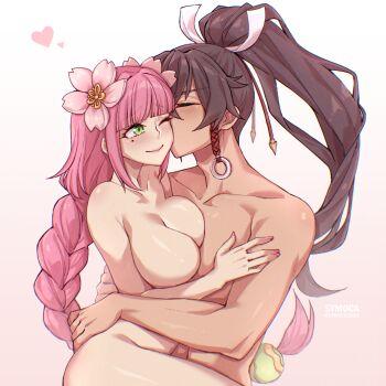 1boy 1girl braid breasts brown_hair closed_eyes commission commissioner_upload completely_nude flower green_eyes hair_flower hair_ornament hetero kiss kissing_cheek large_breasts long_hair nude one_eye_closed pink_hair ponytail rune_factory rune_factory:_guardians_of_azuma smile subaru_(rune_factory) symoca ulalaka