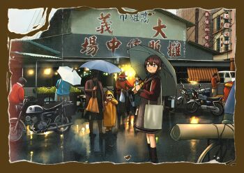Rule 34 | 1girl, 6+others, bag, bicycle, brown eyes, brown hair, brown neckerchief, building, commentary request, dress, grey dress, grey sailor collar, highres, kantai collection, motor vehicle, motorcycle, multiple others, neckerchief, photo (object), red shirt, sailor collar, sailor dress, shirt, short hair, standing, taiwan, tan yang (kancolle), timmyyen, translation request, umbrella, yukikaze (kancolle)