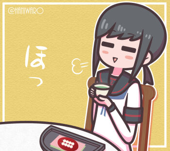 anchor_symbol black_hair black_sailor_collar blue_neckerchief blush_stickers border chair chibi closed_eyes commentary_request cup dango food fubuki_(kancolle) fubuki_kai_ni_(kancolle) haniwaro happy_birthday highres holding holding_cup kantai_collection layered_sleeves long_sleeves low_ponytail medium_hair neckerchief on_chair open_mouth outline outside_border paper_texture ponytail sailor_collar shirt short_over_long_sleeves short_sleeves sidelocks sitting table teacup tray triangle_mouth twitter_username upper_body wagashi white_border white_outline white_shirt yellow_background