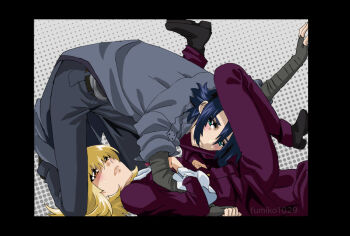 1boy 1girl artist_name ascot athrun_zala black_footwear blonde_hair blue_hair blush cagalli_yula_athha couple formal_clothes fumiko_(mesushi) green_eyes grey_jacket grey_pants gundam gundam_seed gundam_seed_freedom jacket pant_suit pants short_hair stuck_in_a_box suit white_ascot yellow_eyes