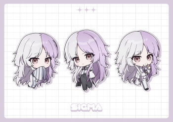 Rule 34 | 1boy, black pants, brown eyes, bungou stray dogs, character name, chibi, closed mouth, collared shirt, cookie, cynitx, earrings, eating, food, food on face, full body, hashtag-only commentary, highres, holding, holding cookie, holding food, jacket, japanese clothes, jewelry, kimono, long hair, long sleeves, looking at viewer, male focus, multicolored hair, multiple views, pants, purple hair, shirt, sigma (bungou stray dogs), simple background, sleeve garter, sleeves past wrists, split-color hair, striped clothes, striped kimono, sweatdrop, two-tone hair, white hair, white jacket, white pants, white shirt