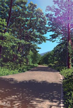 commentary day forest fukushima_prefecture nature no_humans original outdoors real_world_location road scenery shadow signature suupii tree