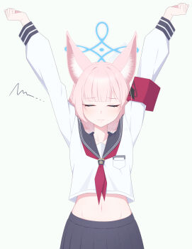 1girl :| animal_ear_fluff animal_ears armband arms_up black_sailor_collar black_skirt blue_archive blue_halo blunt_bangs blush clenched_hands closed_eyes closed_mouth commentary cowboy_shot english_commentary eyelashes facing_viewer fox_ears fox_girl frown furrowed_brow halo highres long_sleeves madoka_(user_zrnk8278) medium_hair midriff navel neckerchief niko_(blue_archive) pink_hair pleated_skirt red_armband red_neckerchief sailor_collar school_uniform serafuku shirt simple_background skirt solo squiggle straight-on stretching twitter_username watermark white_background white_shirt