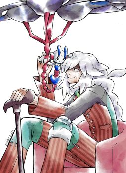 1boy az_(pokemon) black_eyes cane chair closed_mouth floette floette_(eternal) flower gen_6_pokemon hair_over_one_eye highres holding holding_cane holding_flower joanna_ccat knee_brace long_hair long_sleeves mega_floette mega_pokemon nintendo old on_chair one_eye_closed orange_vest pants pokemon pokemon_(creature) pokemon_legends:_z-a shirt simple_background sitting smile spoilers tearing_up vest white_hair
