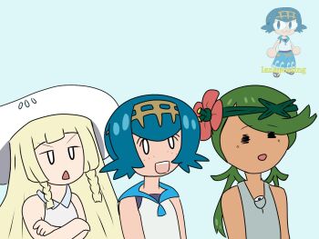 3girls angry blonde_hair blue_hair closed_eyes crossed_arms dark-skinned_female dark_skin dress flower green_hair hair_flower hair_ornament happy hat lana_(pokemon) lanaposting lillie_(pokemon) mallow_(pokemon) multiple_girls neco_spirit nintendo overalls parody pokemon pokemon_(anime) pokemon_the_series:_sun_&amp;_moon smile sun_hat sundress swimsuit swimsuit_under_clothes tiara triple_baka_(vocaloid) vocaloid