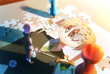 Rule 34 | 1girl, 1other, blonde hair, commentary request, crona (soul eater), drawn on eyes, dress, highres, jigsaw puzzle, maka albarn, necktie, pink hair, piyo main, puzzle, puzzle piece, smile, soul eater, sword, thumbtack, twintails, weapon