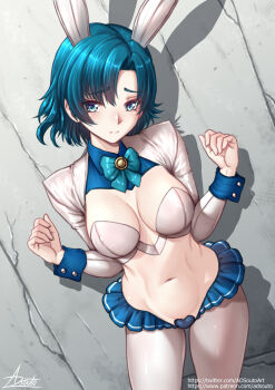 1girl adsouto animal_ears aqua_hair bishoujo_senshi_sailor_moon blue_eyes breasts commentary english_commentary fake_animal_ears heart_maebari highres looking_at_viewer maebari medium_breasts mizuno_ami navel pantyhose rabbit_ears reverse_bunnysuit reverse_outfit sailor_mercury shadow short_hair shrug_(clothing) signature solo standing variant_set white_shrug