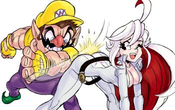 1boy 1girl all_fours ass belt bent_over bodysuit breasts cleavage facial_hair fingerless_gloves gloves guilty_gear halo hat highres jack-o&#039;_valentine jumpsuit large_breasts latex latex_bodysuit long_hair multicolored_hair muscular muscular_male mustache nintendo one_eye_closed pointed_footwear pointy_ears red_eyes spanked spanking suspenders teevo two-tone_hair wario warioware white_hair