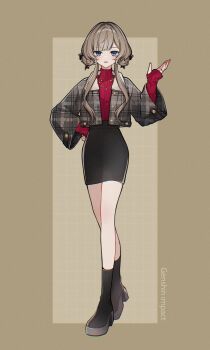 1girl absurdres alternate_costume black_skirt blue_eyes brown_hair commentary_request copyright_name double_bun genshin_impact hair_bun highres jacket jewelry looking_at_viewer necklace pencil_skirt plaid_clothes plaid_jacket platform_shoes red_sweater ring sandrone_(genshin_impact) shoes skirt solo standing sweater turtleneck turtleneck_sweater yanagida_shiina