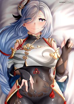 artist_name black_gloves bodystocking breast_curtain breasts closed_mouth commentary covered_navel cowboy_shot english_commentary genshin_impact gloves grey_eyes grey_hair hair_ornament hair_over_one_eye highres large_breasts long_hair looking_at_viewer lying mixed-language_commentary on_back oniilus partially_fingerless_gloves patreon_username pink_pupils shenhe_(genshin_impact) smile very_long_hair