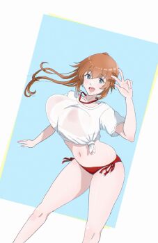 1girl bikini bikini_under_clothes blue_eyes breasts brown_hair charlotte_e._yeager commentary_request feet_out_of_frame highres long_hair osage_gankyou ponytail red_bikini shirt side-tie_bikini_bottom solo standing strike_witches swimsuit t-shirt tied_shirt v white_shirt world_witches_series