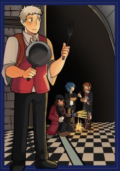 1girl 3boys :o absurdres aragaki_shinjirou bandaid bandaid_on_face beanie black_footwear black_headwear black_jacket black_pants black_shirt black_skirt blue_border blue_eyes blue_hair book_cover_redraw border bowl brown_eyes brown_footwear brown_hair checkered_floor chopsticks coat collared_shirt commentary cooking cooking_pot derivative_work dungeon_meshi eating english_commentary fire frying_pan full_body grey_eyes hair_between_eyes hair_over_one_eye hat highres holding holding_bowl holding_chopsticks holding_cooking_pot holding_spatula jacket long_sleeves looking_ahead looking_at_another looking_to_the_side medium_hair multiple_boys on_one_knee open_clothes open_coat open_jacket open_mouth outside_border pants parody persona persona_3 persona_3_reload red_coat red_sweater_vest roasting rotisserie sanada_akihiko shaded_face shirt shoes short_hair skirt spacepatrolhana spatula standing sweater_vest takeba_yukari tartarus turtleneck white_hair white_shirt wing_collar yuuki_makoto_(persona_3)