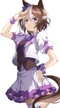 Rule 34 | @shun, animal ears, blush, breasts, brown hair, commentary request, cropped jacket, hair ornament, highres, horse ears, horse girl, horse tail, jacket, miniskirt, multicolored hair, purple eyes, purple ribbon, ribbon, short hair, short sleeves, simple background, skirt, special week (umamusume), tail, umamusume, vest, white background, white hair, white skirt